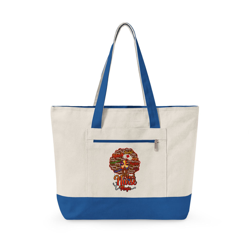 Black Nurse Magic w/Brown Afro Canvas Tote — Zippered Floral Calavera Bag