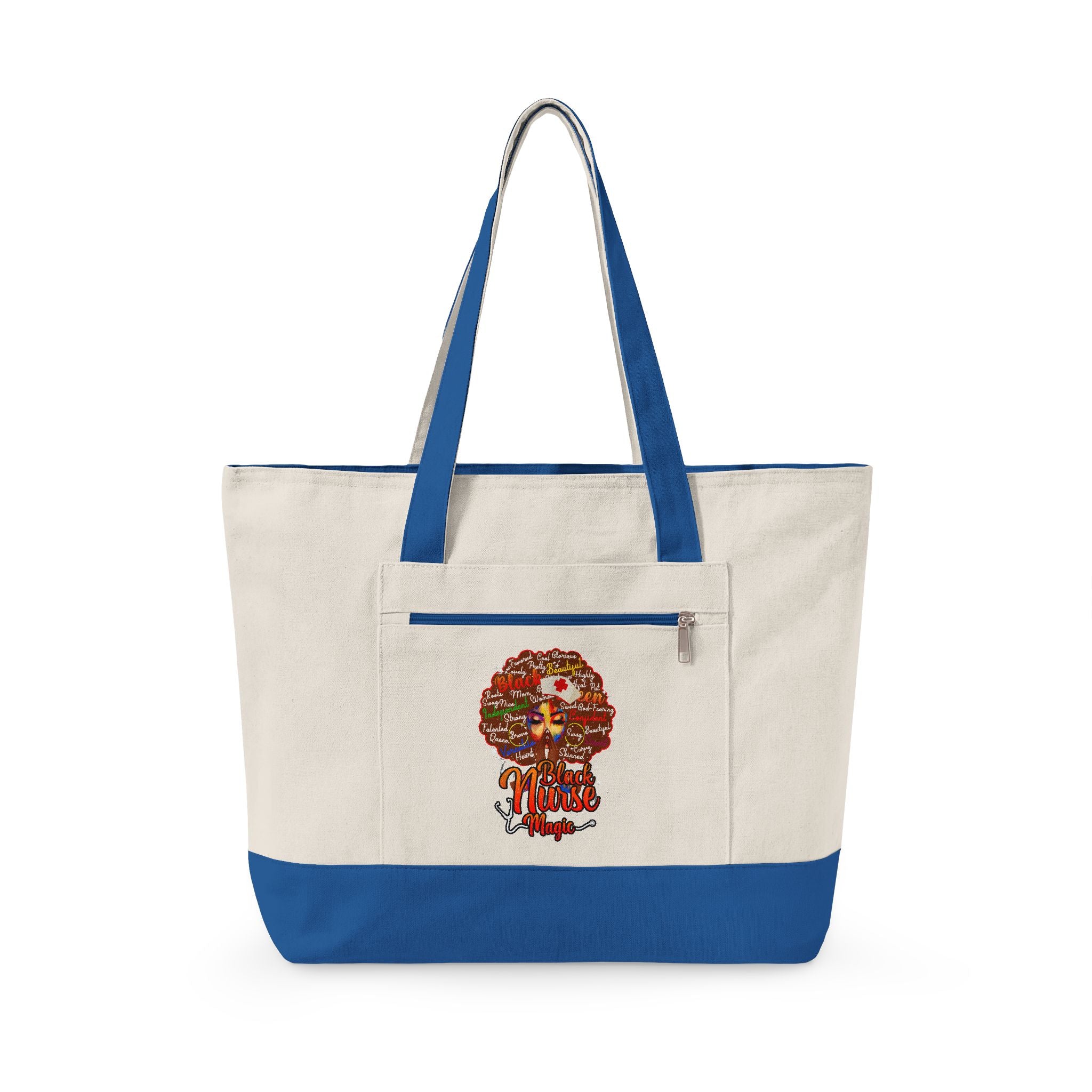 Black Nurse Magic w/Brown Afro Canvas Tote — Zippered Floral Calavera Bag