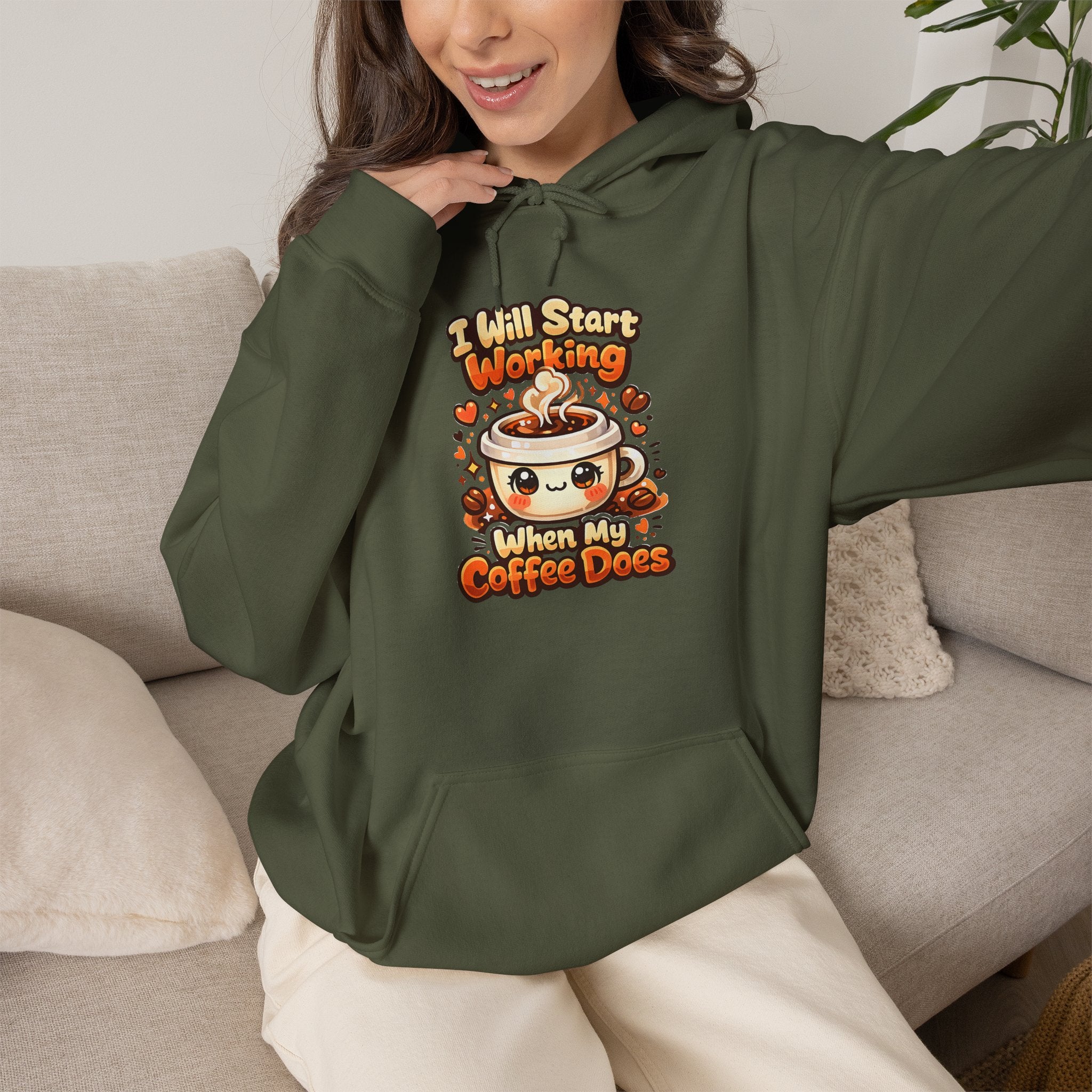 "I Will Start Working When My Coffee Does" Cute Autumn Coffee Lover Hoodie — Coffee Hoodie