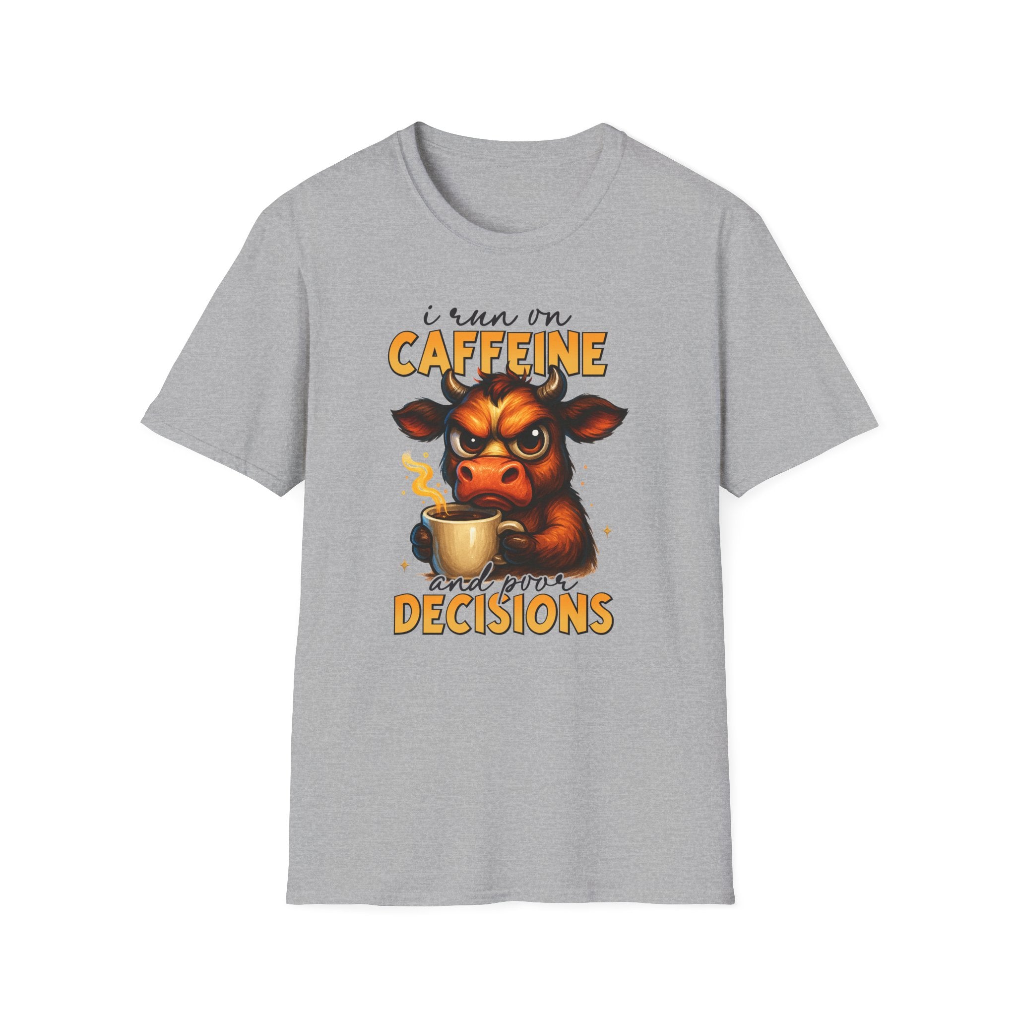 "I Run on Caffeine & Bad Decisions" Coffee Lover Tee — Caffeine Cow T-Shirt