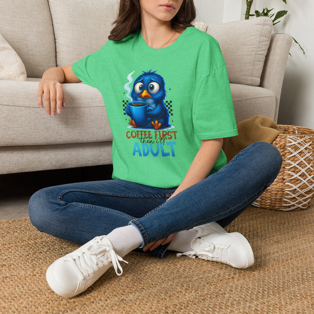 Cute Blue Bird 'Coffee First Adult' Graphic Tee — T-Shirt