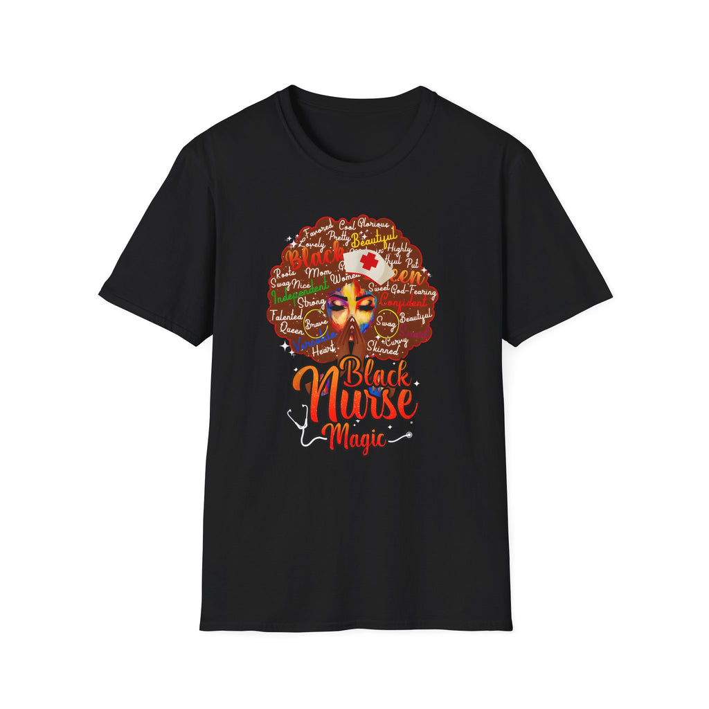 Black Nurse Magic T-Shirt — Nurse w/Brown Afro Illustration with Inspirational Words