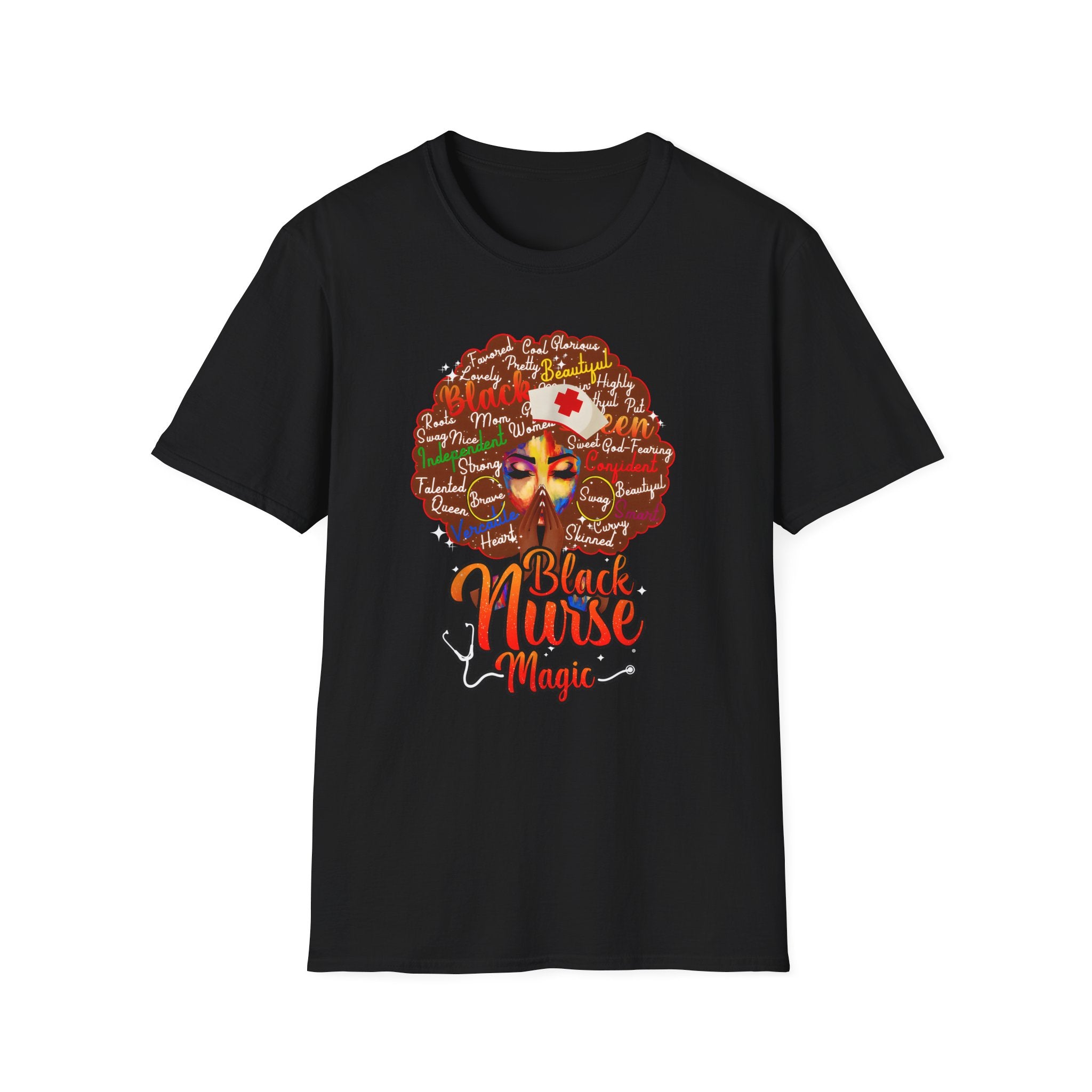Black Nurse Magic T-Shirt — Nurse w/Brown Afro Illustration with Inspirational Words