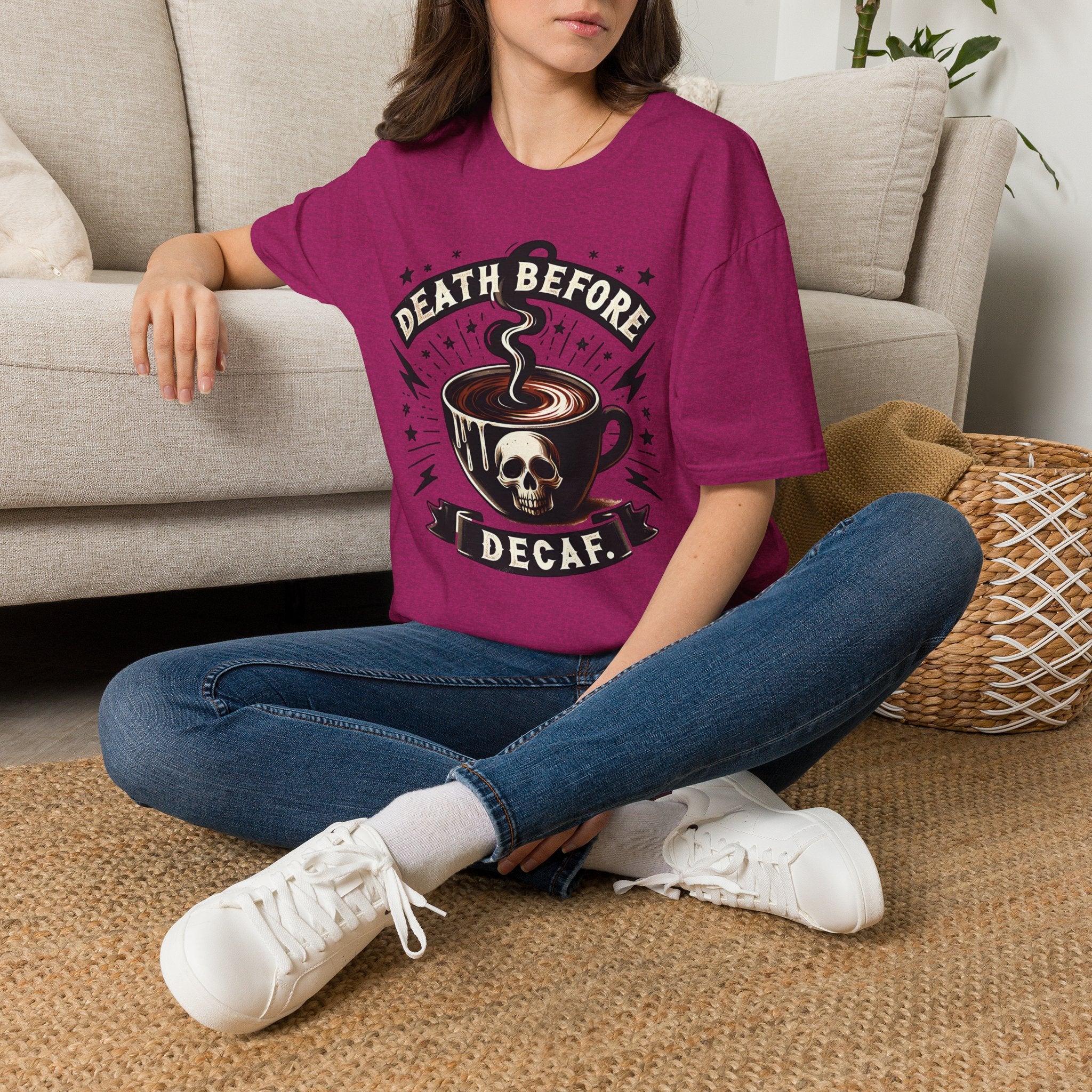 Death Before Decaf Coffee T-Shirt — Bold Skull Coffee Lover Tee