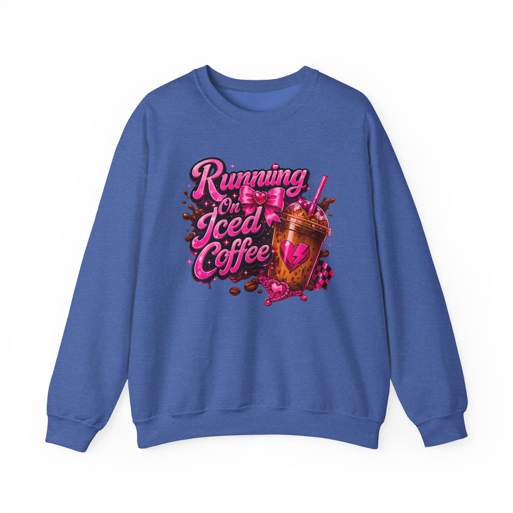 "Running On Iced Coffee" Graphic Cozy Coffee Lover — Pullover Crewneck Sweatshirt