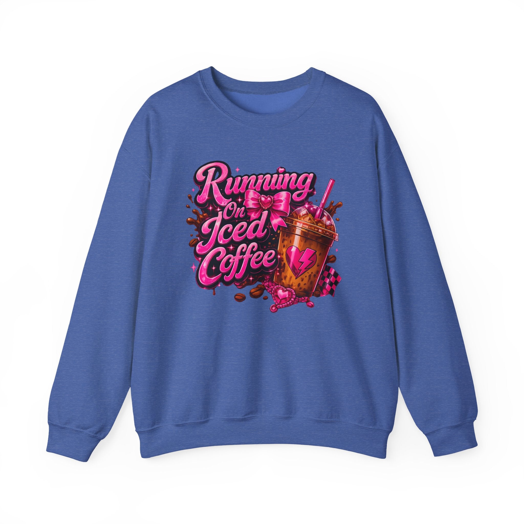 "Running On Iced Coffee" Graphic Cozy Coffee Lover — Pullover Crewneck Sweatshirt