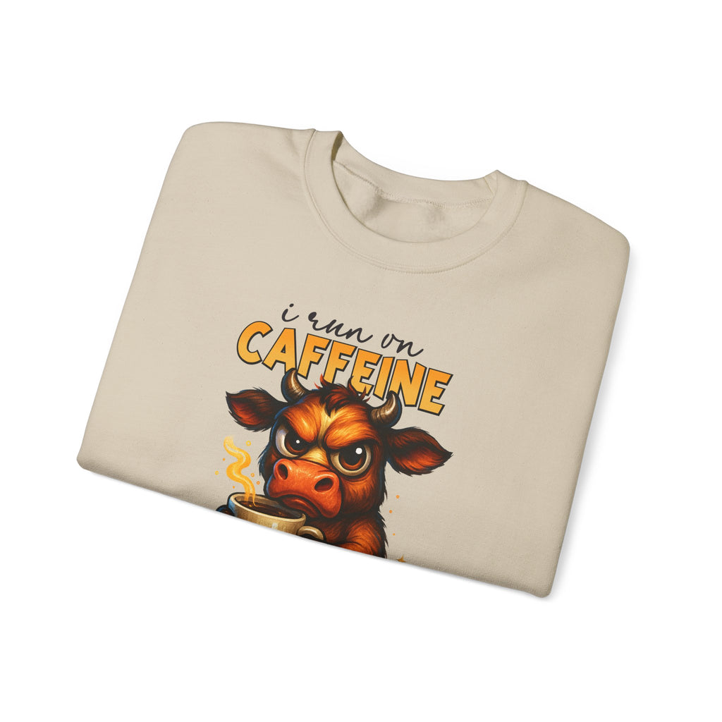 Caffeine-Fueled Cow Sweatshirt — "I Run on Caffeine and Questionable Decisions" Cozy Crewneck