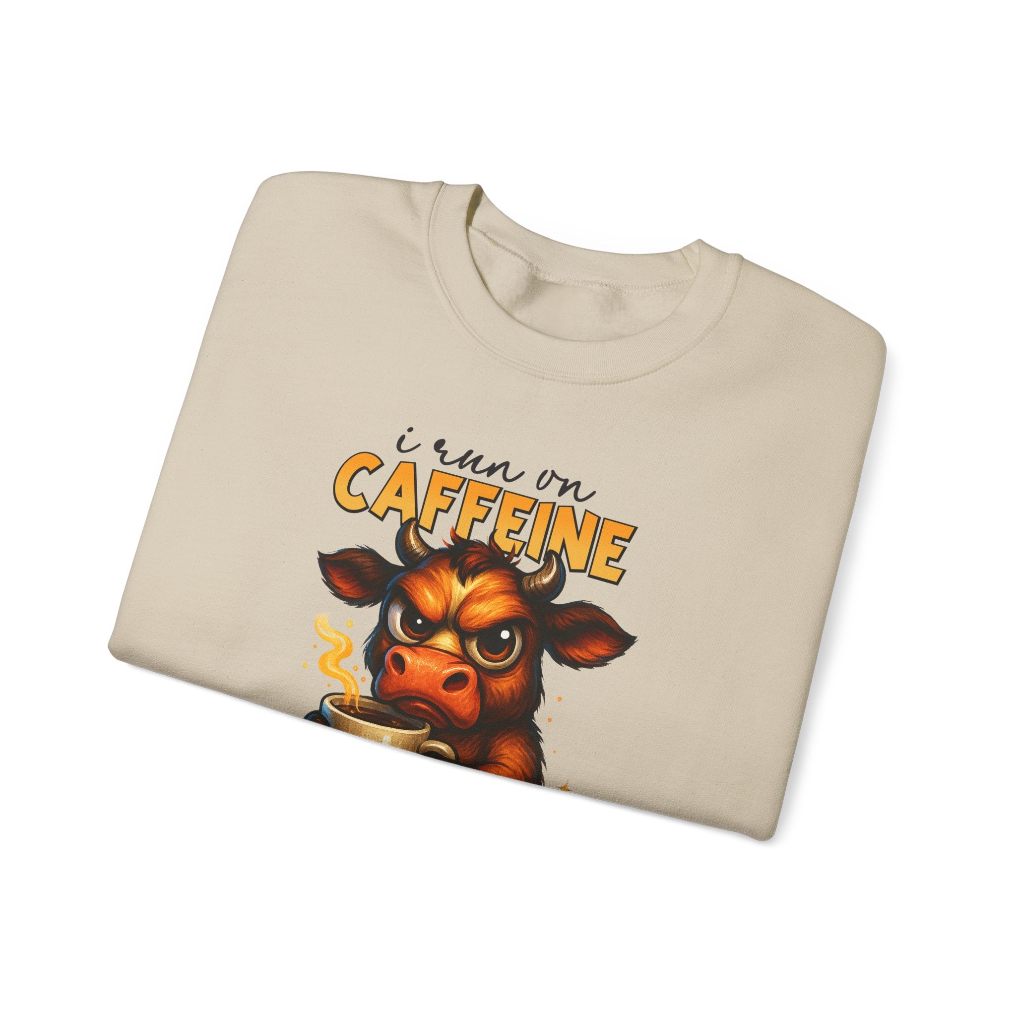 Caffeine-Fueled Cow Sweatshirt — "I Run on Caffeine and Questionable Decisions" Cozy Crewneck