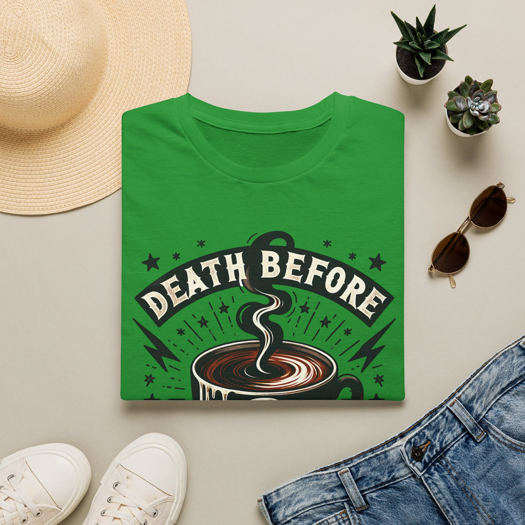 Death Before Decaf Coffee T-Shirt — Bold Skull Coffee Lover Tee