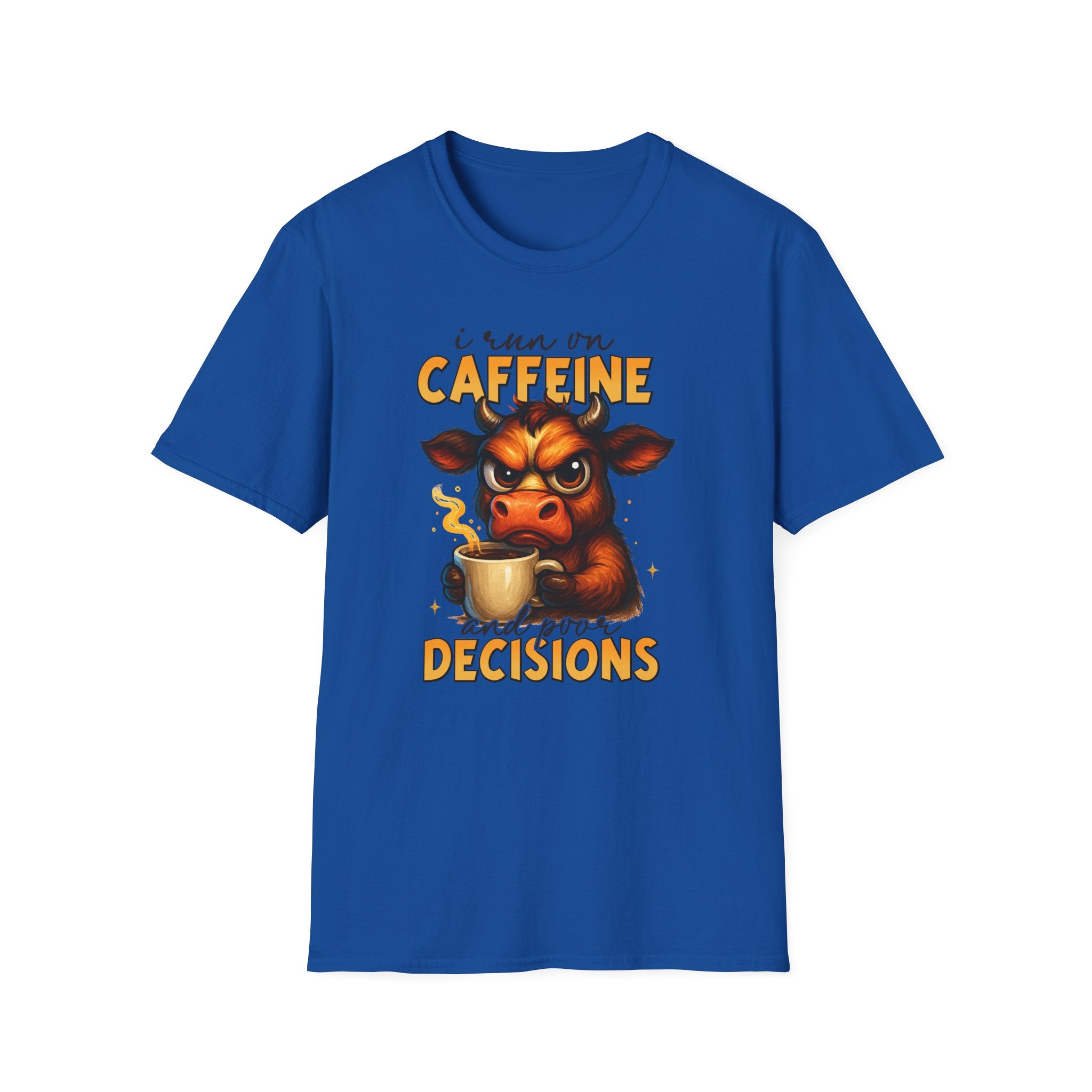 "I Run on Caffeine & Bad Decisions" Coffee Lover Tee — Caffeine Cow T-Shirt