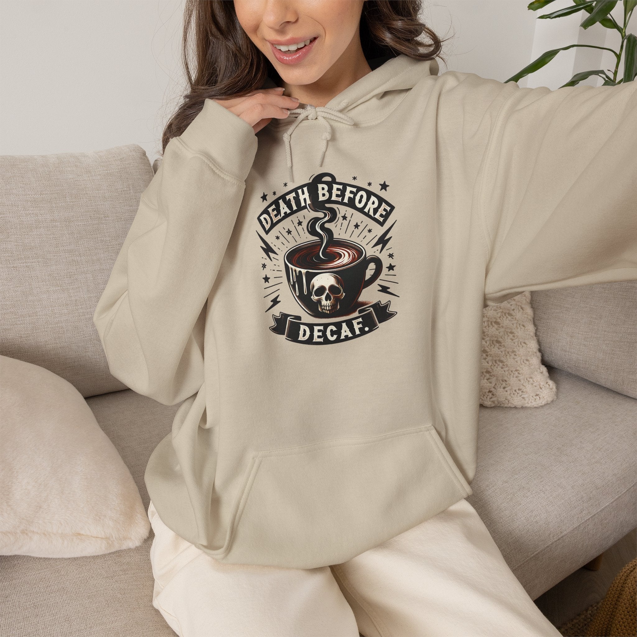 "Death Before Decaf" Coffee Skull Graphic Hoodie