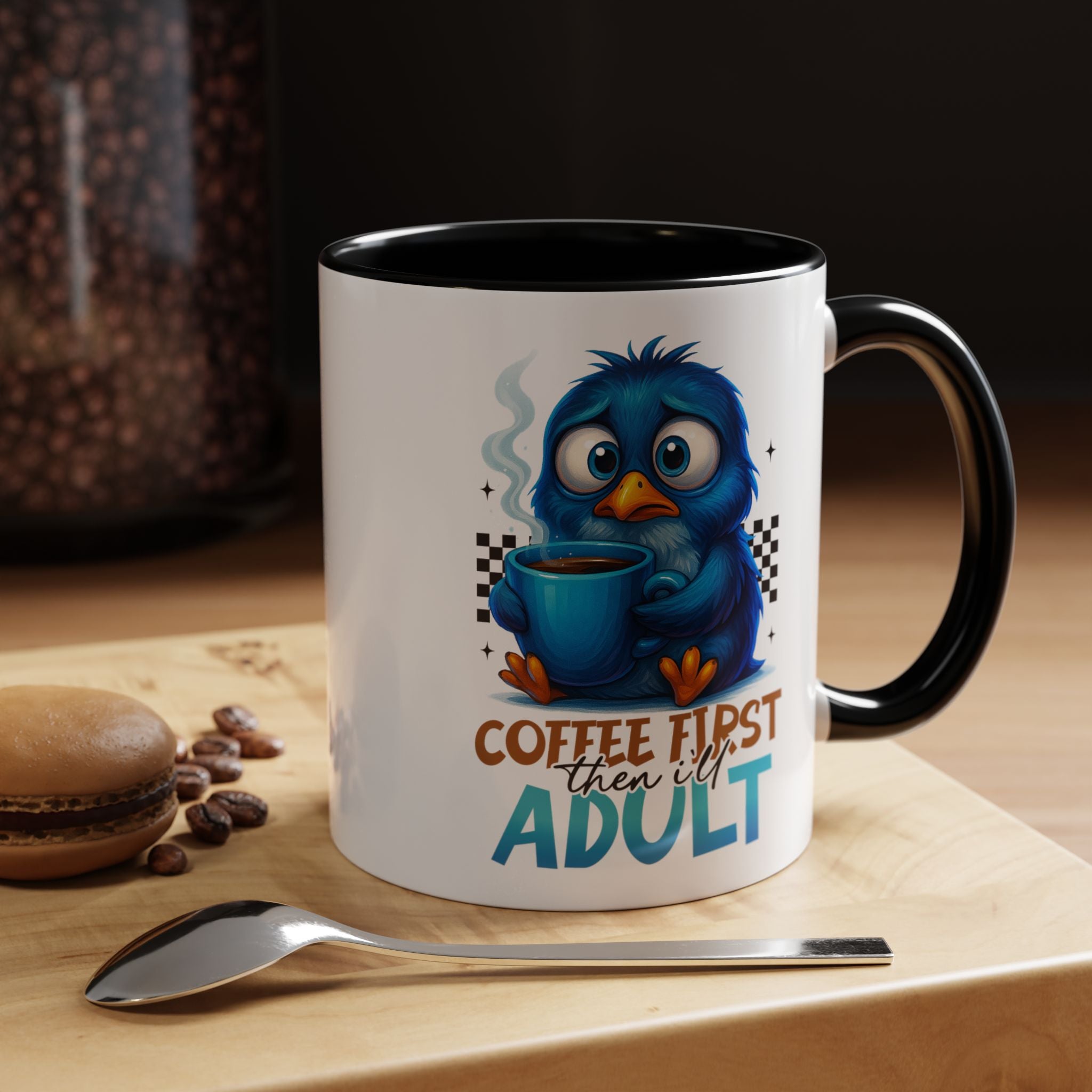 "Coffee First, Then I’ll Adult" Cute Blue Bird Accent Mug —  Coffee Mug