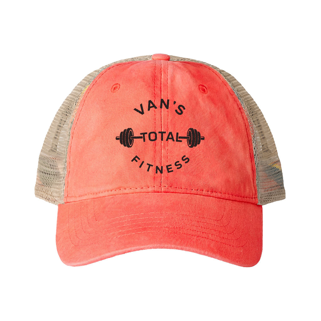 Embroidered "Van's Total Fitness" Barbell Washed Mesh-Ponytail Back Cap