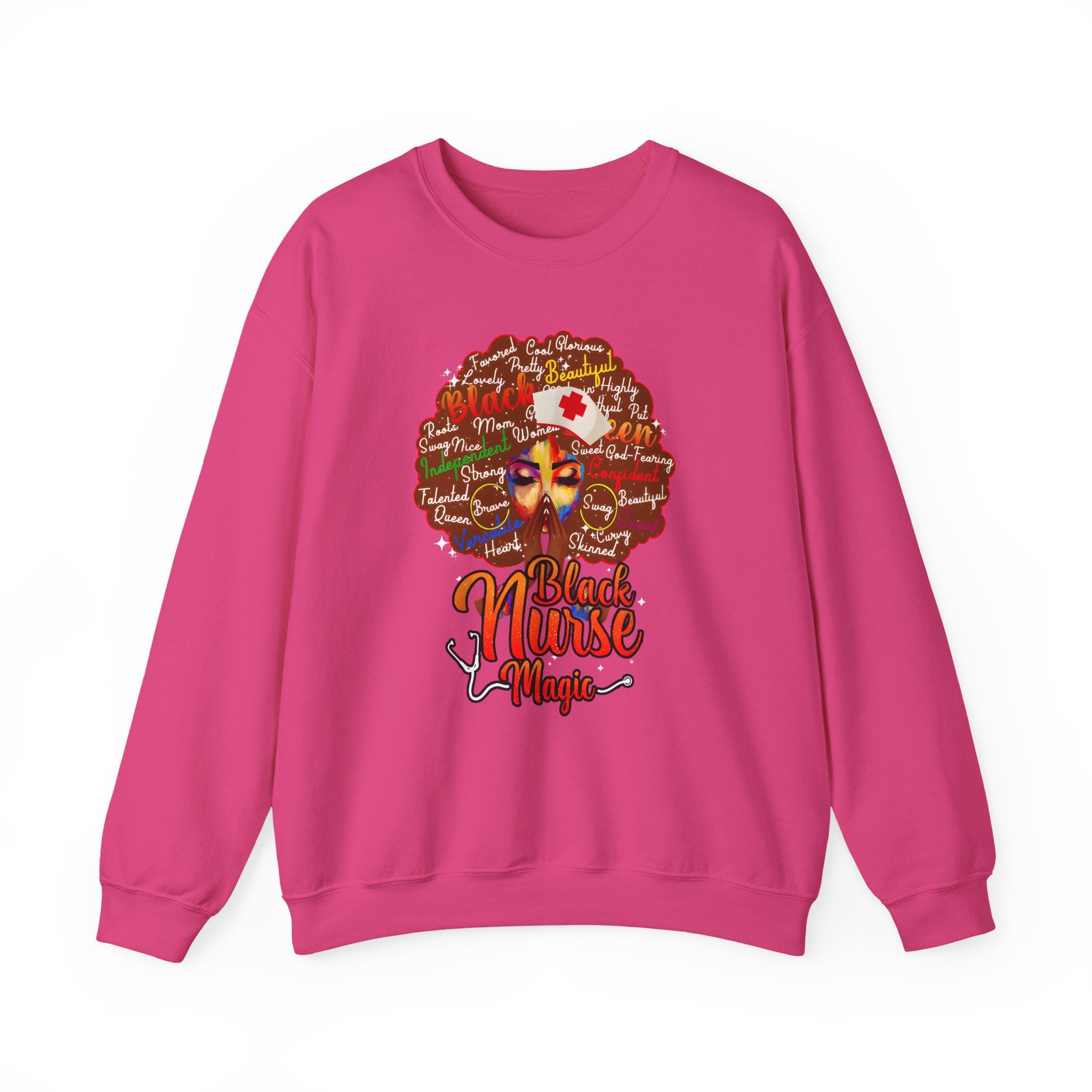 Black Nurse Magic Crewneck Sweatshirt — Brown Afro Nurse Heartbeat Design