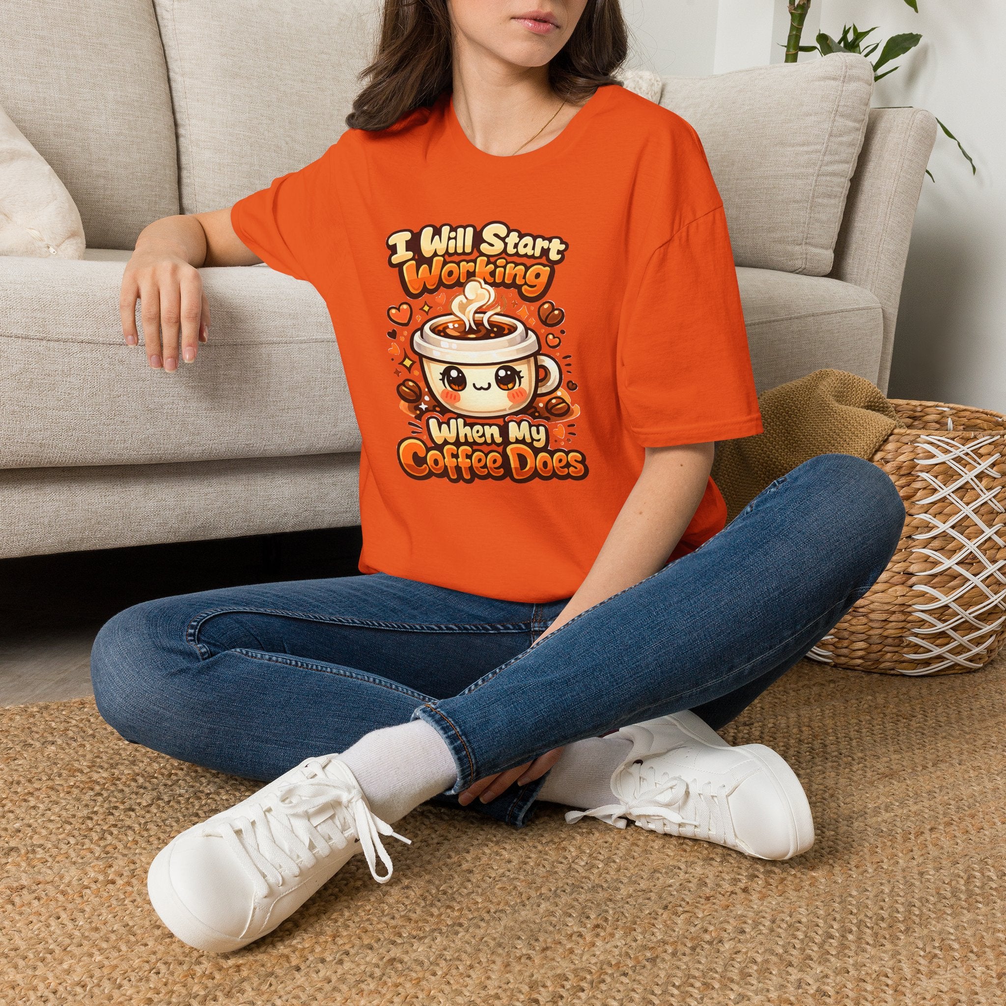 “I Will Start Working When My Coffee Does” Cute Kawaii Coffee Shirt — Coffee T‑Shirt