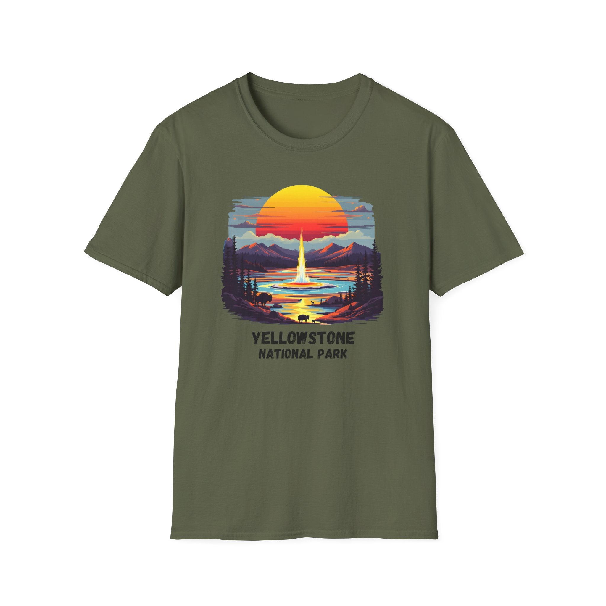 Yellowstone National Park T-Shirt — Retro Geyser Sunset Outdoor Tee