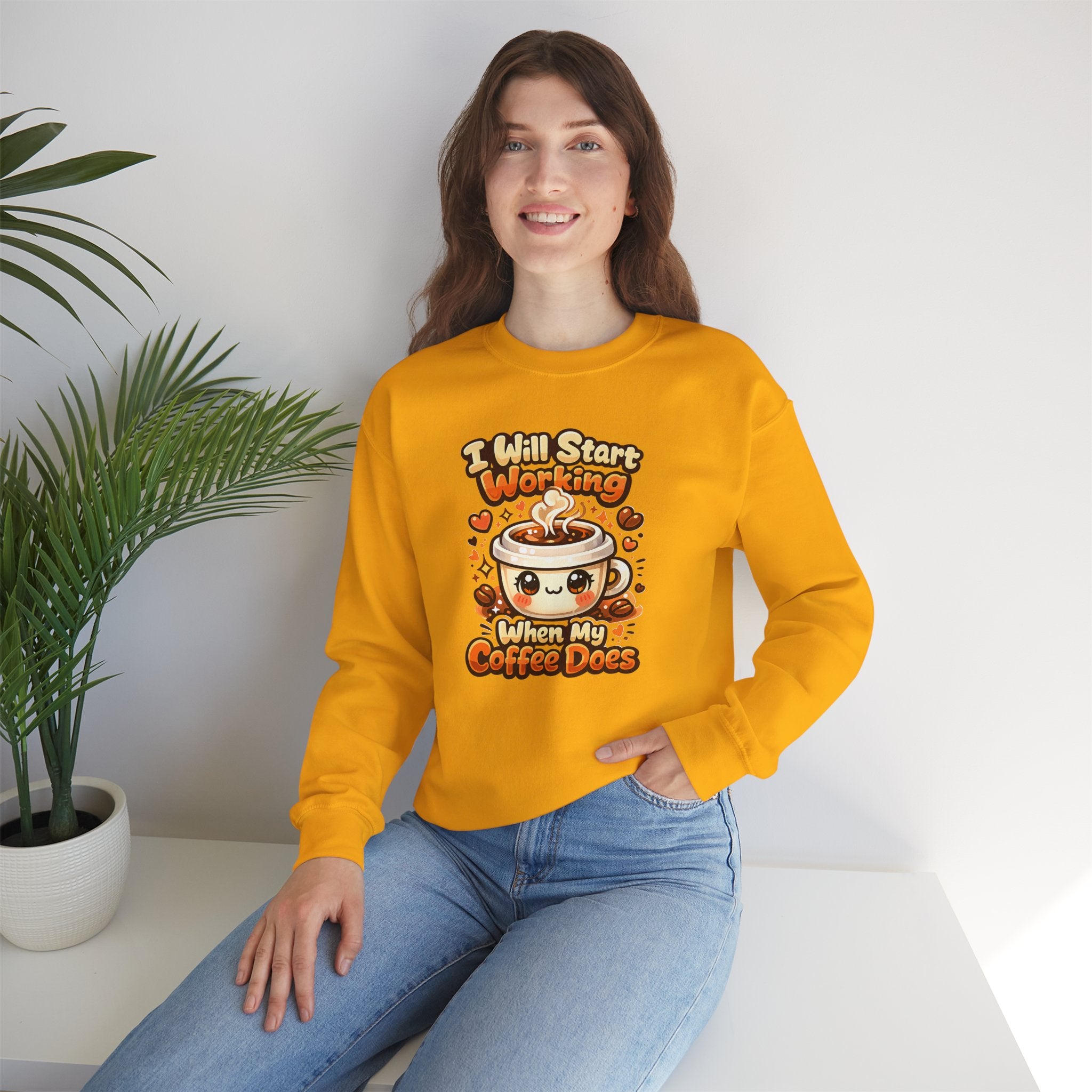 "I Will Start Working When My Coffee Does" Cute Kawaii Crewneck — Coffee Sweatshirt