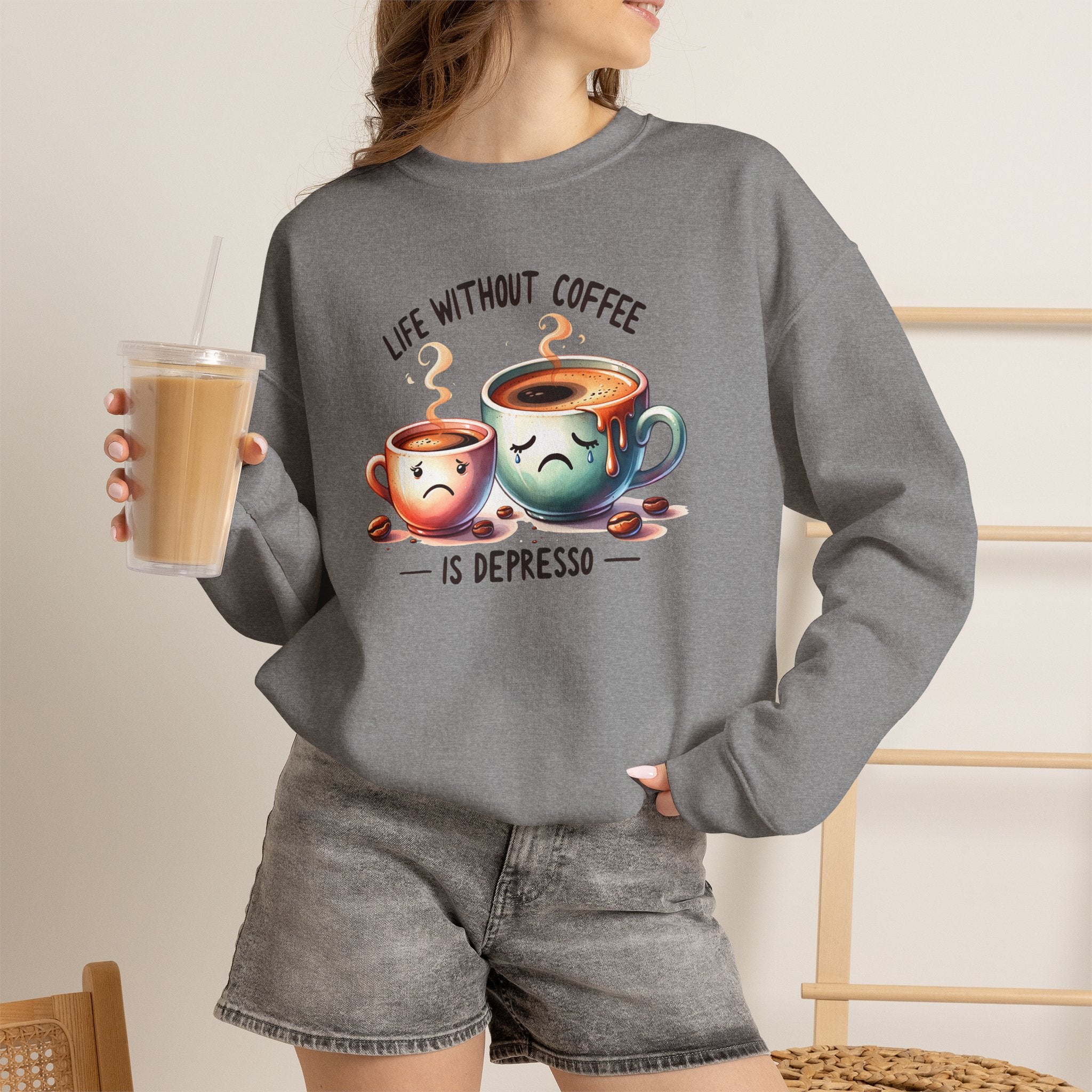 "Life Without Coffee Is Depresso" Cute Cafe Graphic — Coffee Crewneck Sweatshirt