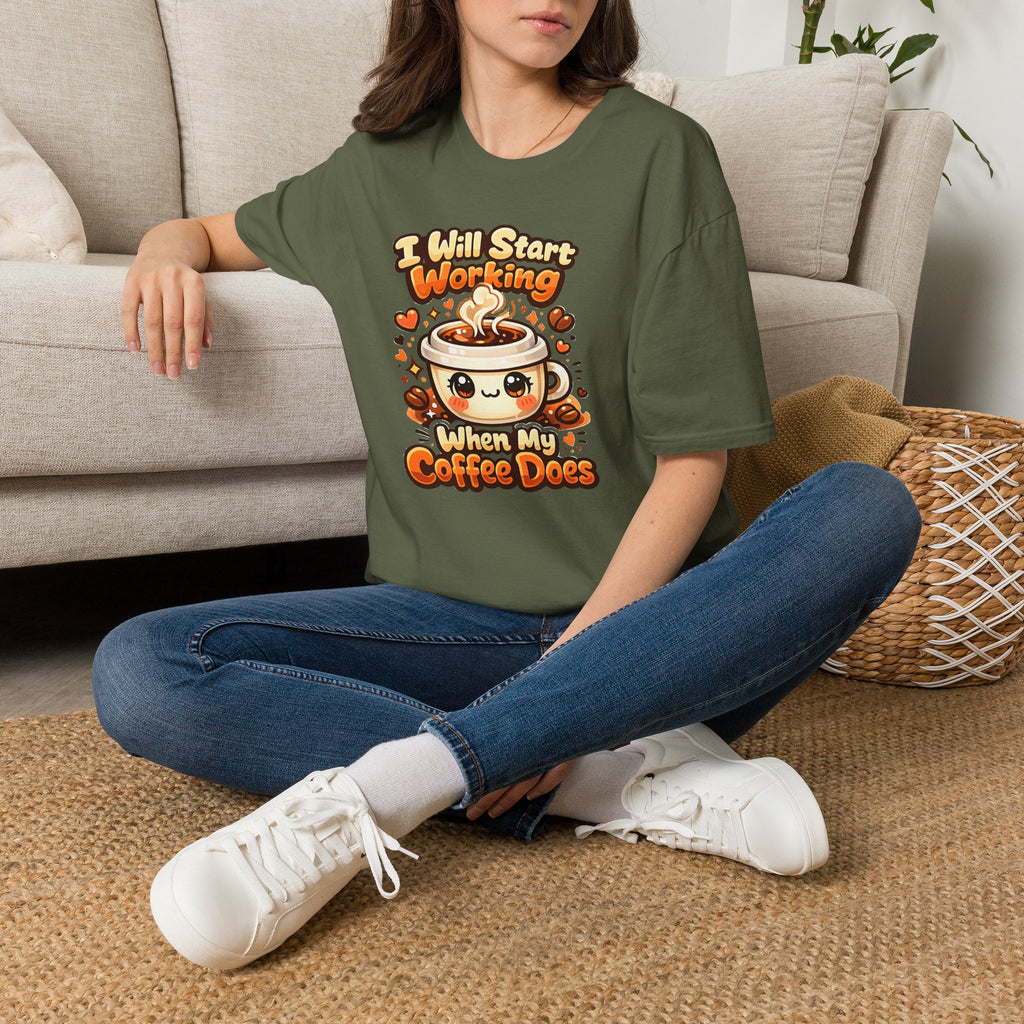 “I Will Start Working When My Coffee Does” Cute Kawaii Coffee Shirt — Coffee T‑Shirt