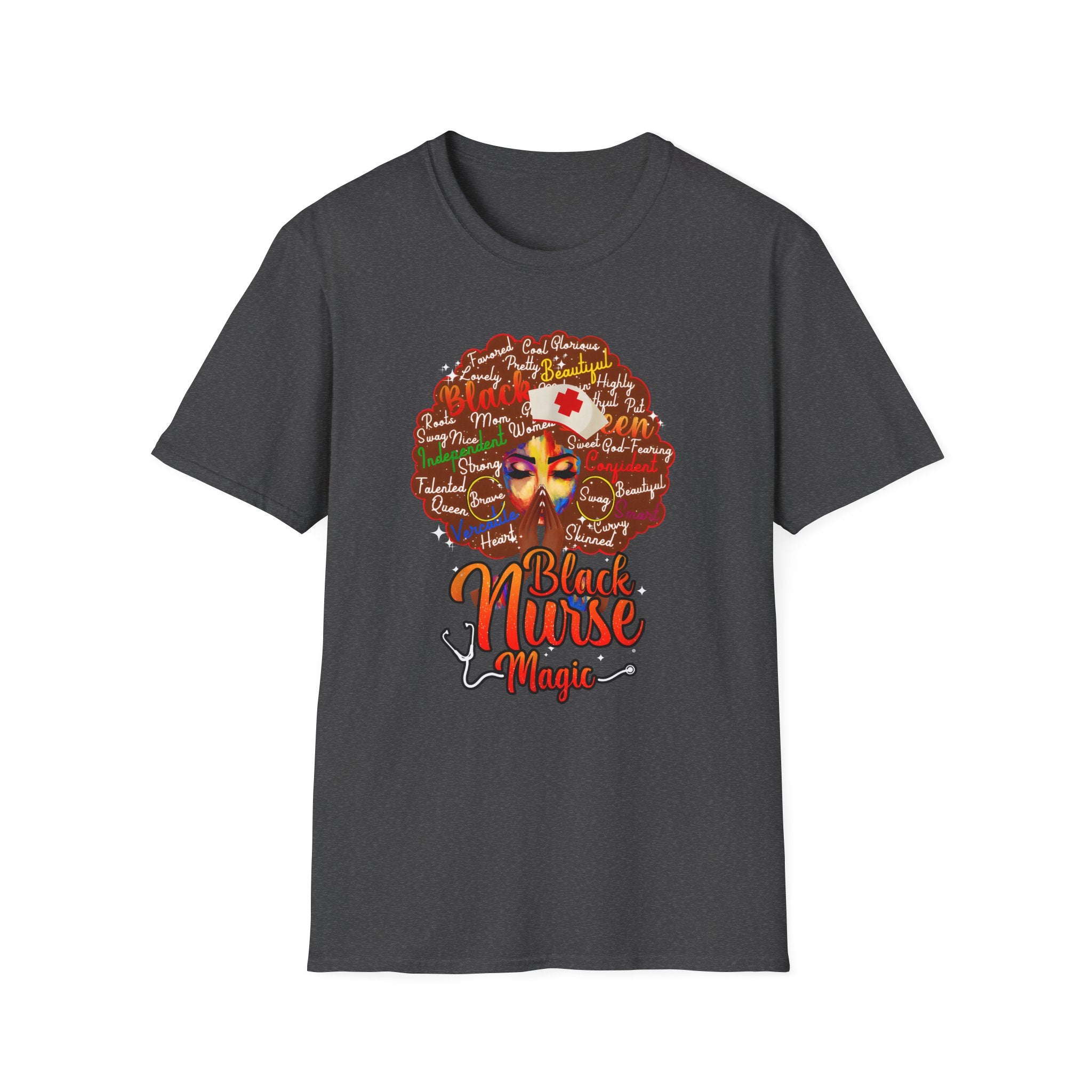 Black Nurse Magic T-Shirt — Nurse w/Brown Afro Illustration with Inspirational Words