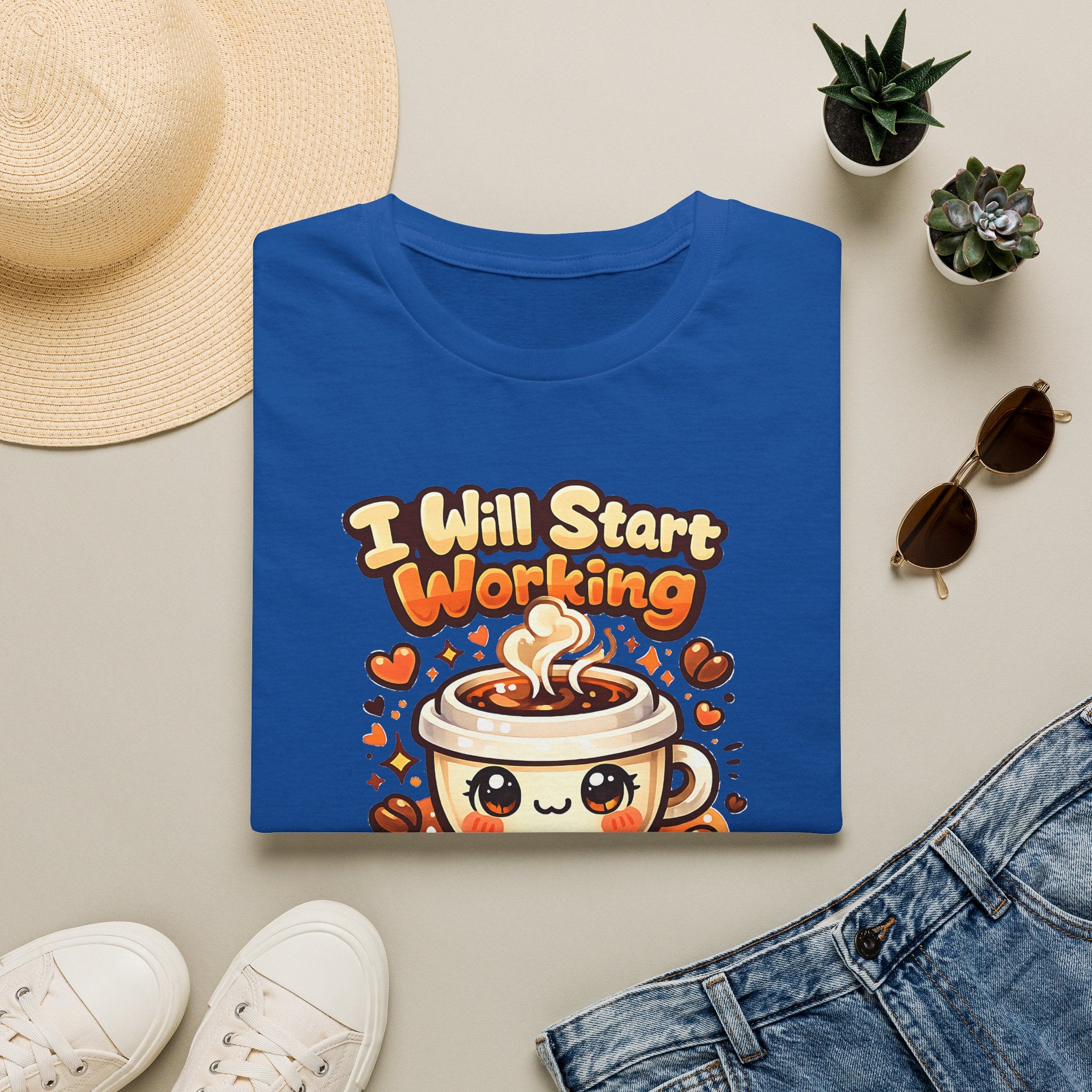 “I Will Start Working When My Coffee Does” Cute Kawaii Coffee Shirt — Coffee T‑Shirt