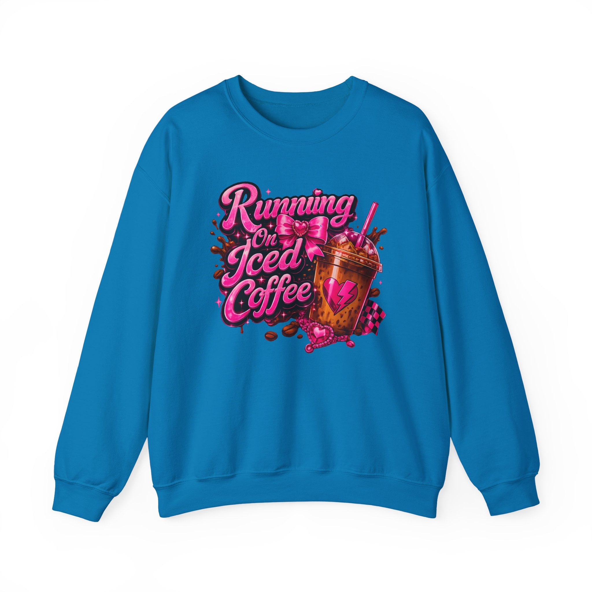 "Running On Iced Coffee" Graphic Cozy Coffee Lover — Pullover Crewneck Sweatshirt