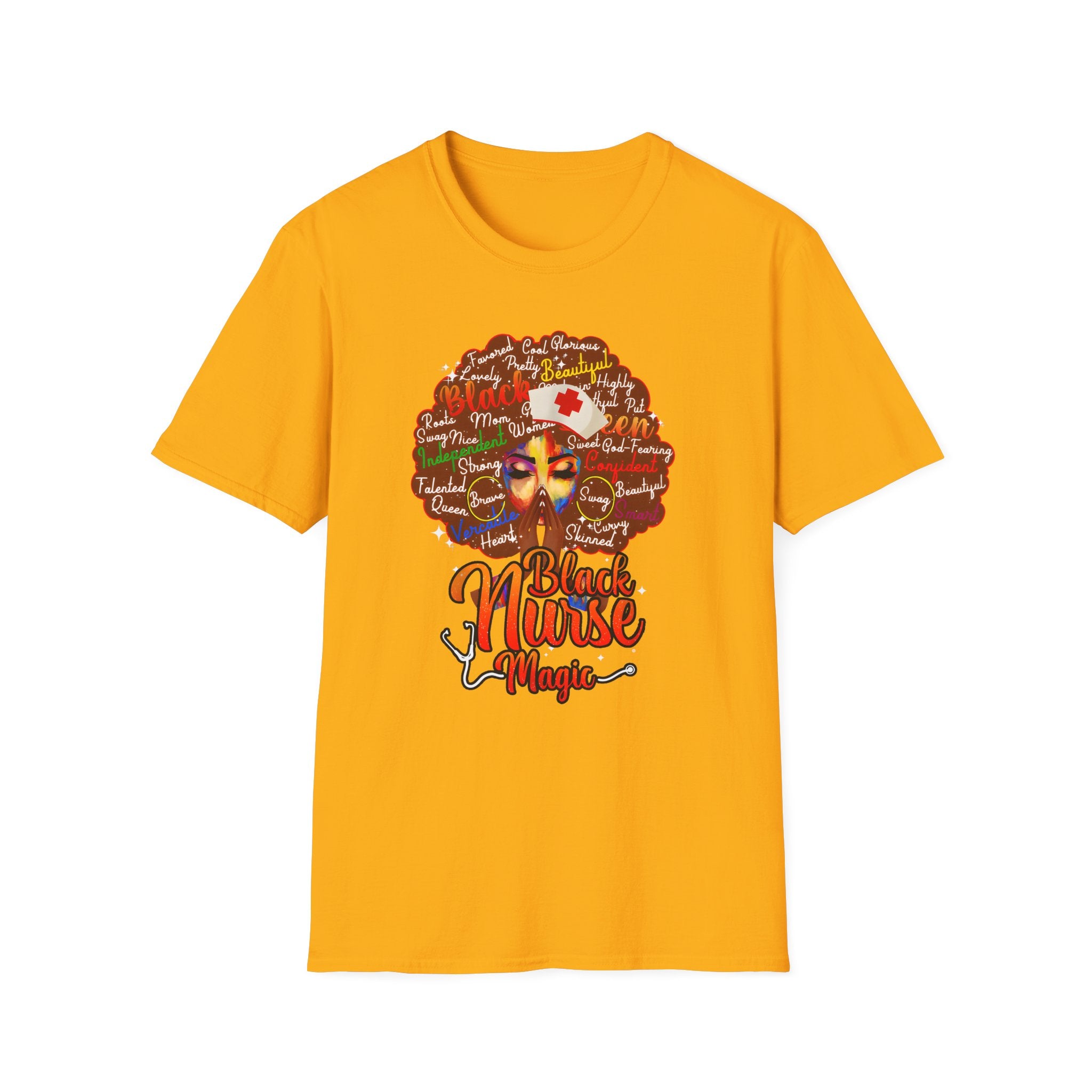 Black Nurse Magic T-Shirt — Nurse w/Brown Afro Illustration with Inspirational Words
