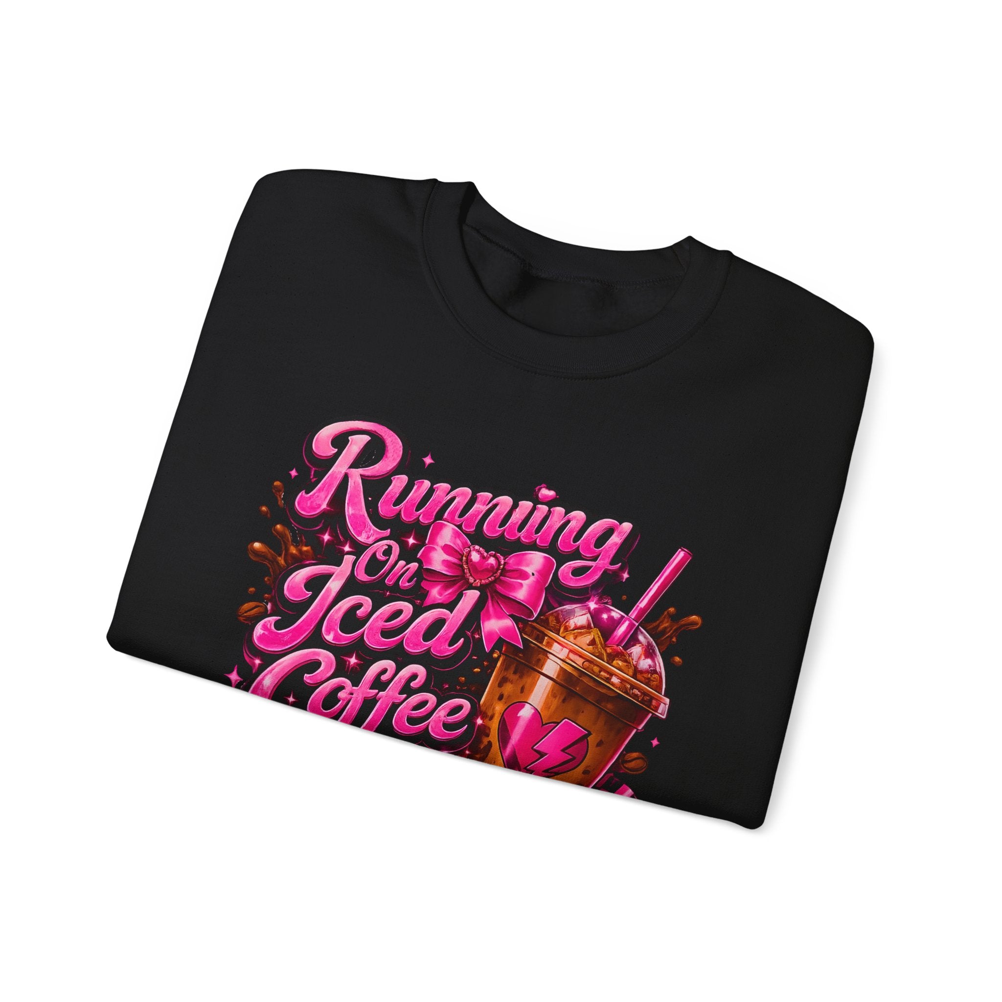 "Running On Iced Coffee" Graphic Cozy Coffee Lover — Pullover Crewneck Sweatshirt