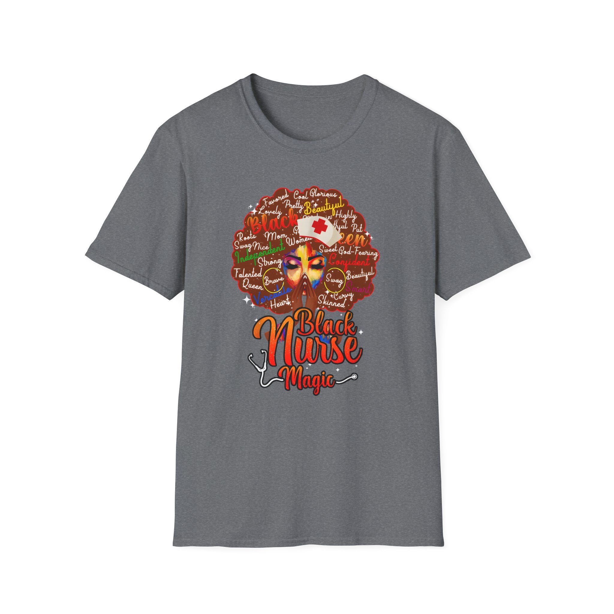 Black Nurse Magic T-Shirt — Nurse w/Brown Afro Illustration with Inspirational Words
