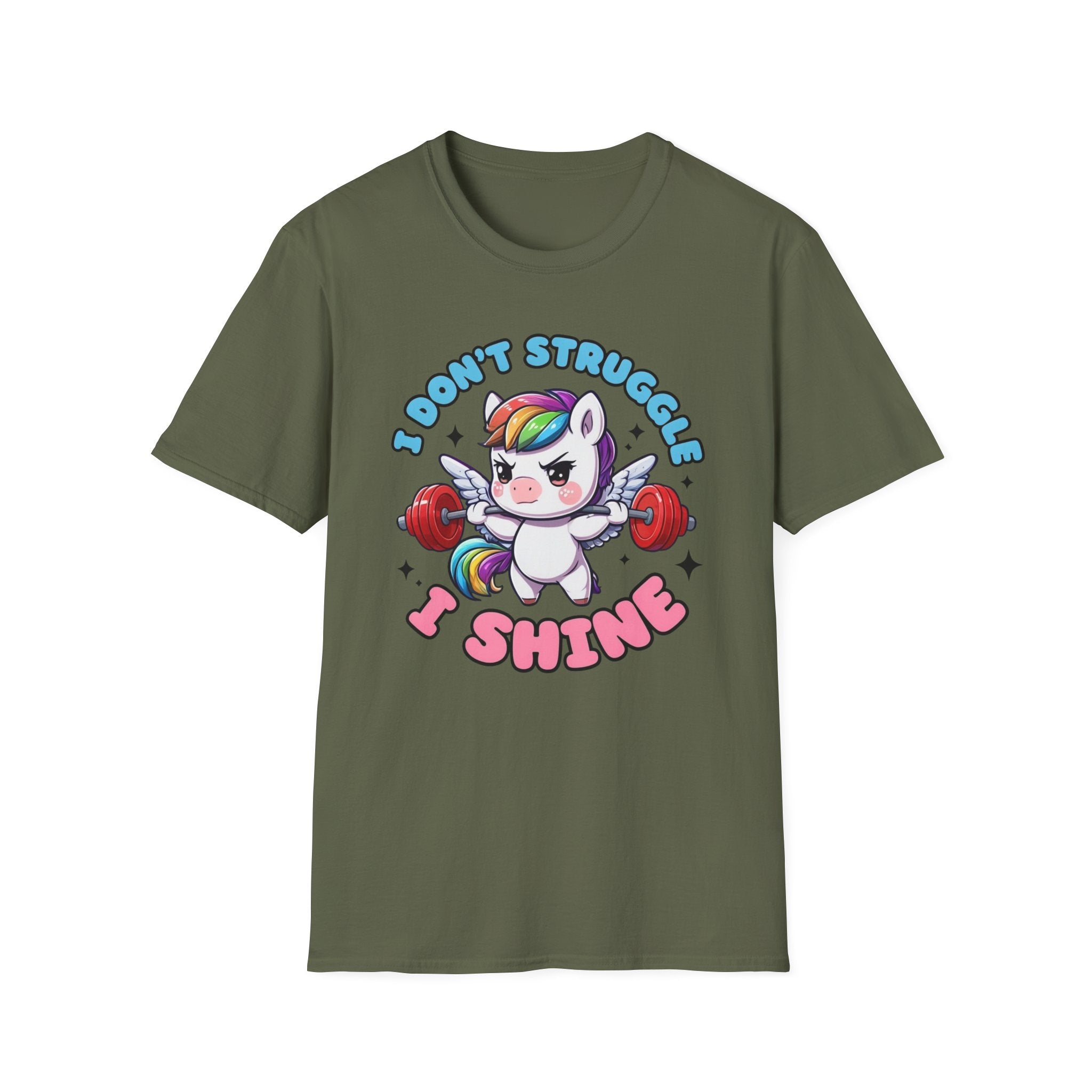 I Don’t Struggle I Shine Unicorn T-Shirt — Cute Rainbow Weightlifting Motivational Tee