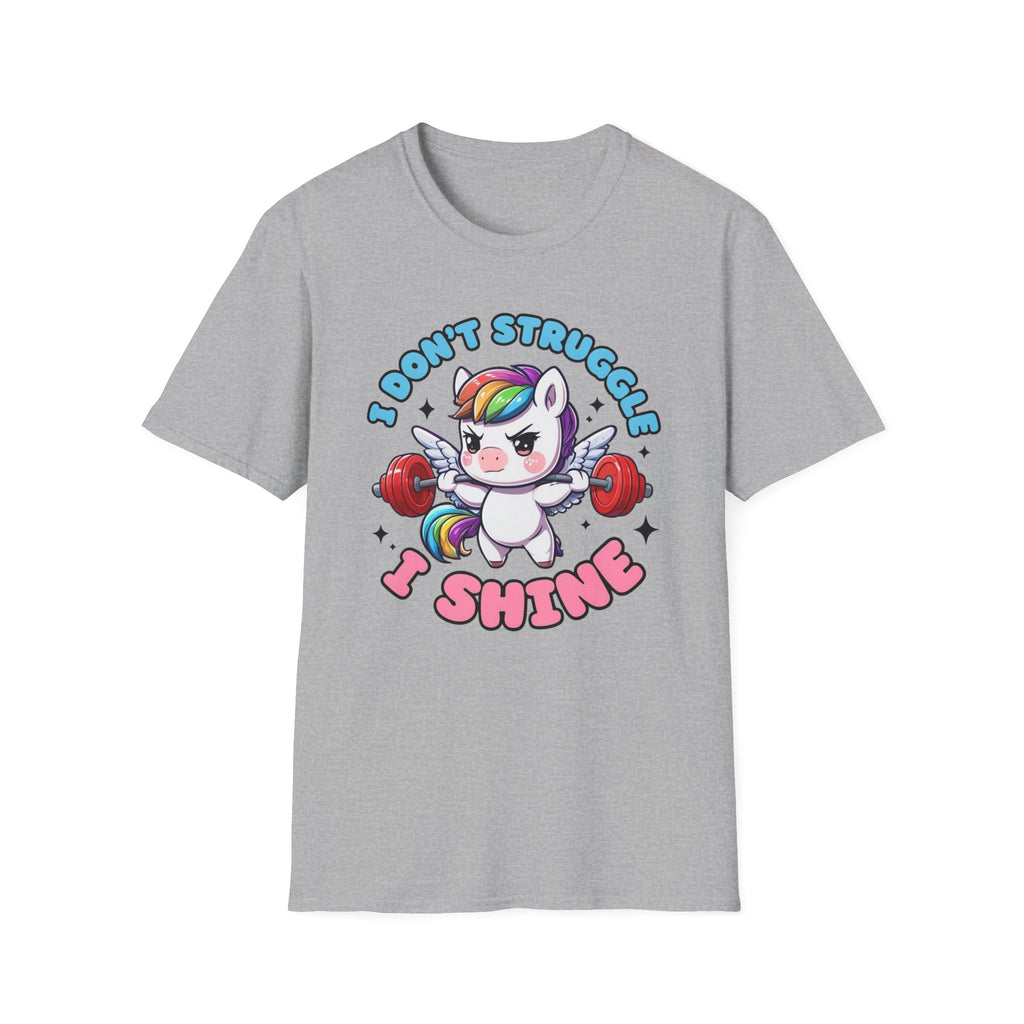 I Don’t Struggle I Shine Unicorn T-Shirt — Cute Rainbow Weightlifting Motivational Tee