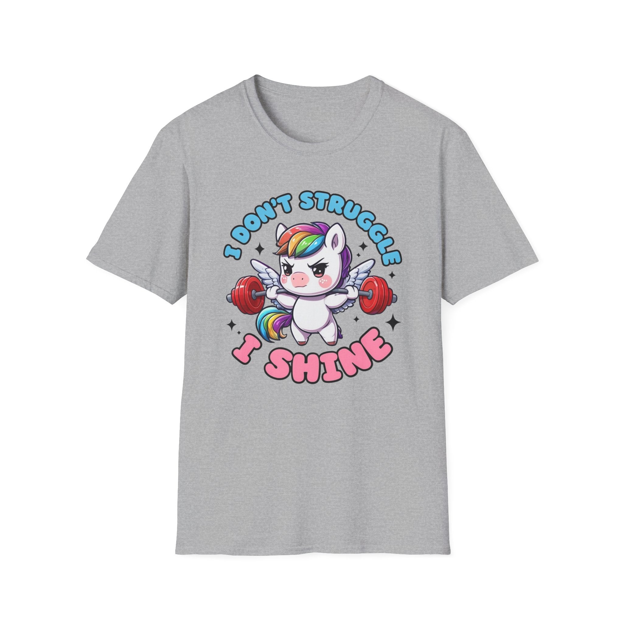 I Don’t Struggle I Shine Unicorn T-Shirt — Cute Rainbow Weightlifting Motivational Tee