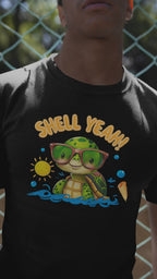 Shell Yeah Turtle T-Shirt — Cute Summer Beach Tee with Sunglasses & Surfboard