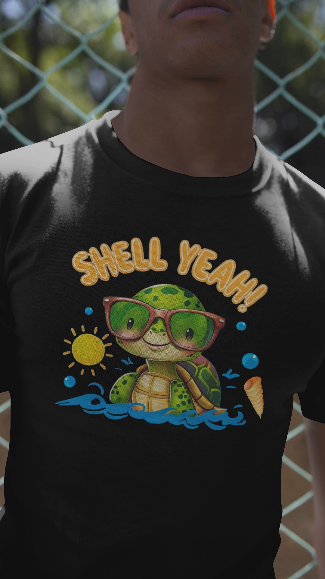 Shell Yeah Turtle T-Shirt — Cute Summer Beach Tee with Sunglasses & Surfboard
