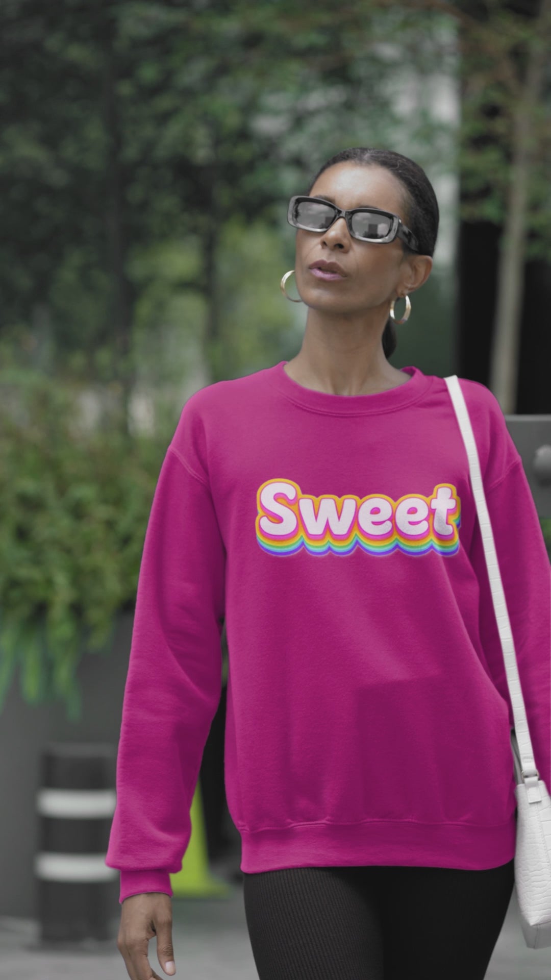 Sweet Rainbow Crewneck Sweatshirt — Retro Colorful "Sweet" Graphic