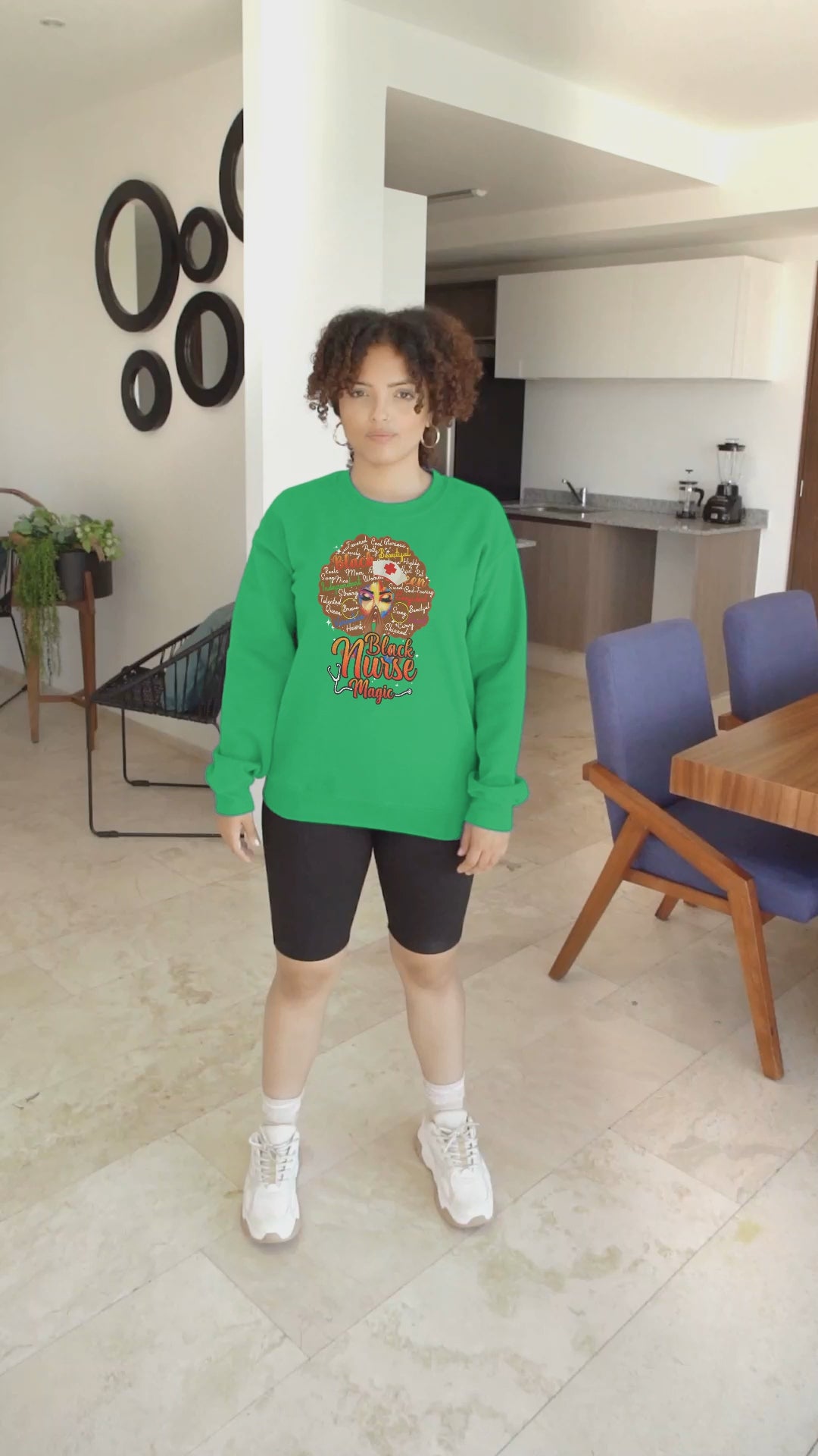 Black Nurse Magic Crewneck Sweatshirt — Brown Afro Nurse Heartbeat Design